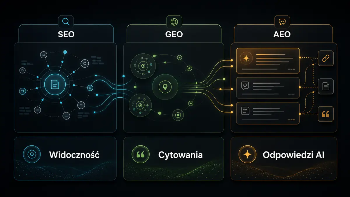 Porównanie SEO GEO i AEO dla widoczności firmy w odpowiedziach AI